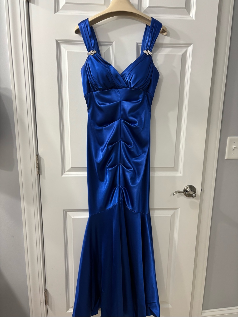 Satin Mermaid Prom Dress in Royal Blue with Embellished Straps